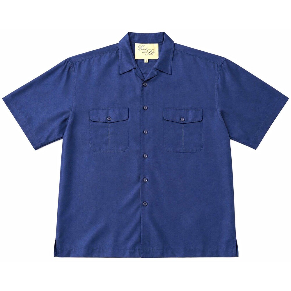 Cosi Men's Solid Silk Button-Up Shirt Short Sleeve Pockets Blue Size S